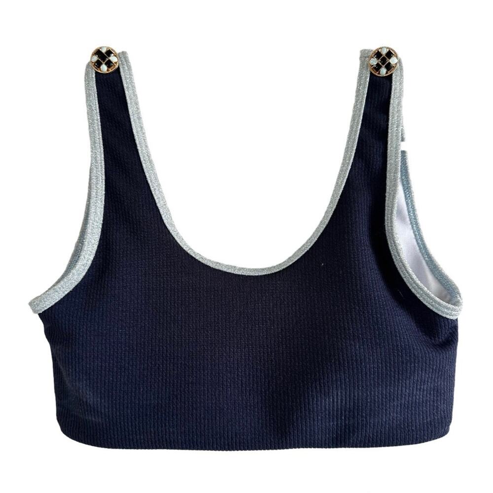 MAIYO Natalie Off Duty Bikini Top Sleeveless Scoop Neck Button Details Blue XS